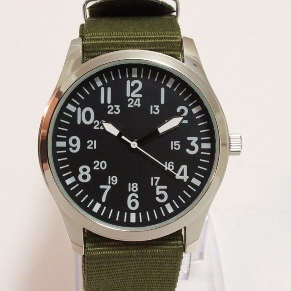 Men's Quartz Field Watch Silver Tone Case Green Military Strap 42mm - Picture 6 of 11